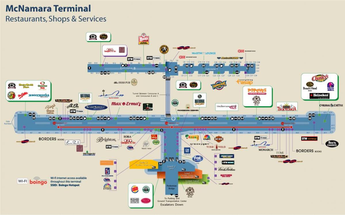 فرودگاه دیترویت رستوران نقشه